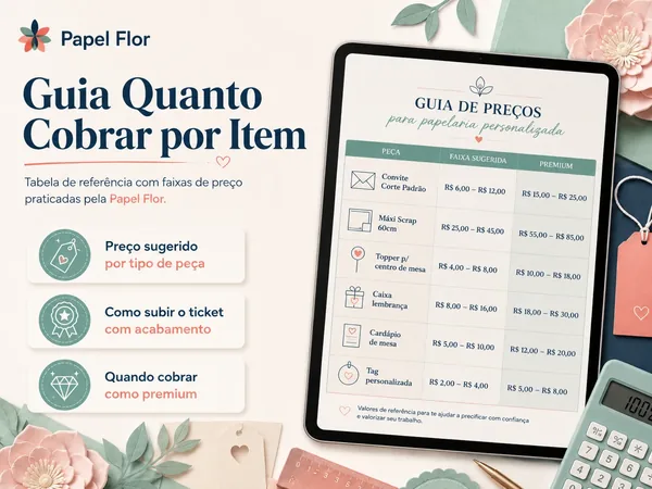 Guia Quanto Cobrar por Item da Papel Flor com tabela de faixas de preço por tipo de peça