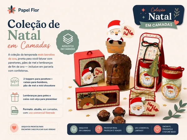 Coleção de Natal em Camadas da Papel Flor com toppers de panetone, caixas e lembranças