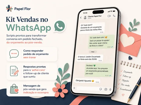 Kit Vendas no WhatsApp da Papel Flor com scripts prontos de orçamento, objeções e pós-venda