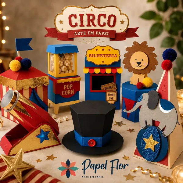 Kit da coleção Circo da Papel Flor com 6 peças de papelaria personalizada em corte de camadas
