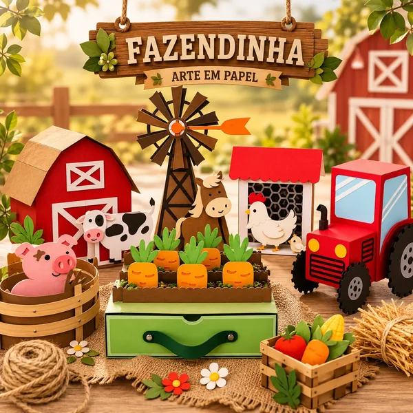 Kit da coleção Fazendinha da Papel Flor com 6 peças de papelaria personalizada em corte de camadas
