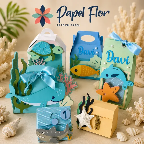 Kit da coleção Fundo do Mar da Papel Flor com 6 peças de papelaria personalizada em corte de camadas