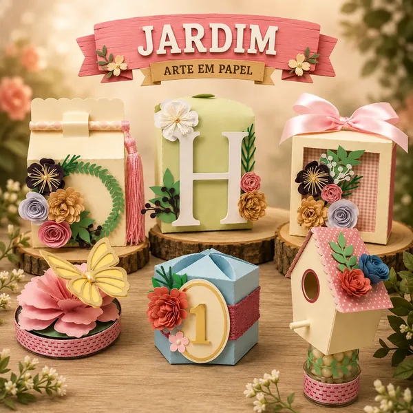 Kit da coleção Jardim da Papel Flor com 6 peças de papelaria personalizada em corte de camadas