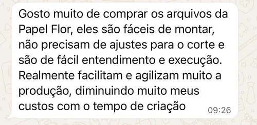 Depoimento real de cliente da Papel Flor recebido no WhatsApp