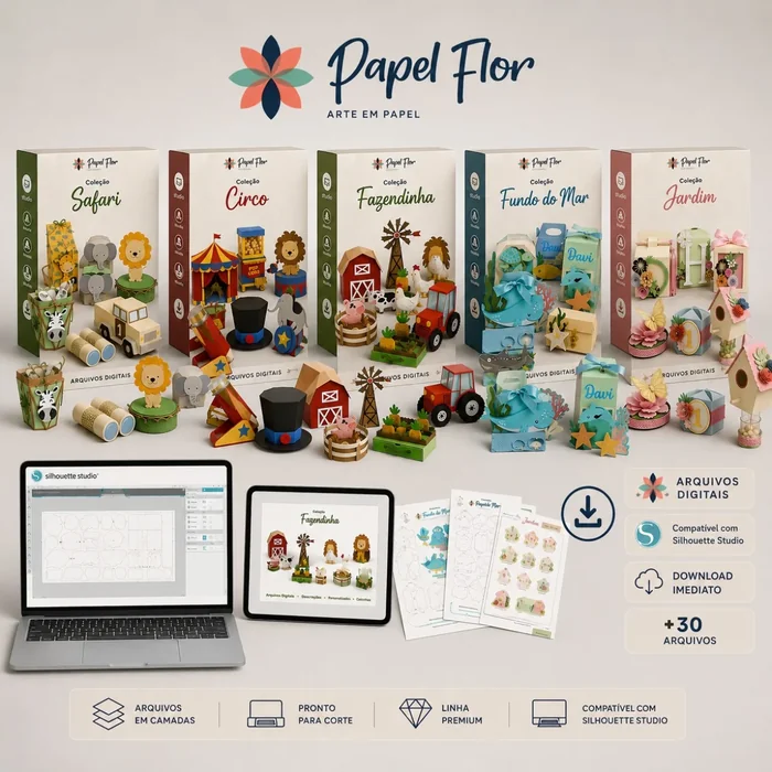 Mockup do Acervo Lucrativo Papel Flor com as 5 coleções: Safári, Circo, Fazendinha, Fundo do Mar e Jardim, 30 arquivos digitais compatíveis com Silhouette Studio
