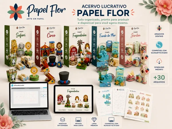 Acervo Lucrativo Papel Flor: caixas das 5 coleções com as peças montadas, arquivos abertos no Silhouette Studio e guias de montagem