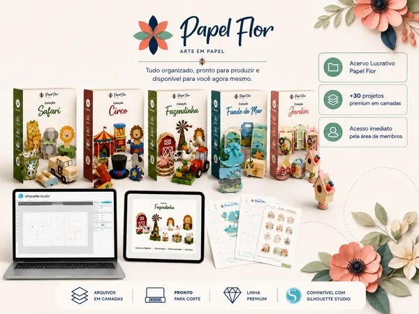 Plano Básico Papel Flor: acervo com mais de 30 projetos premium em camadas das 5 coleções, com acesso imediato pela área de membros