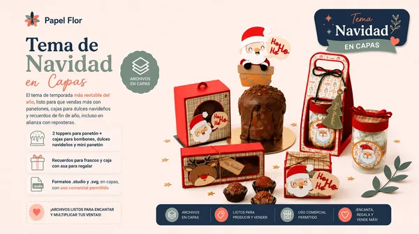 Bono Tema de Navidad en Capas: toppers para panetón, cajas y recuerdos navideños