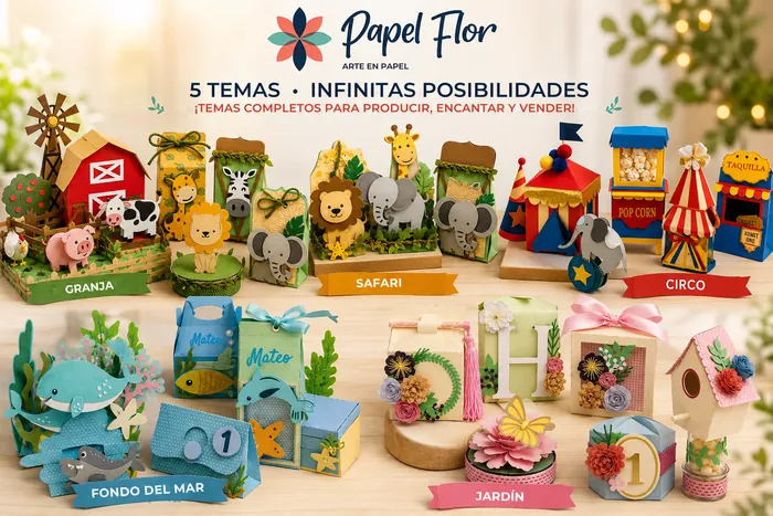 Los 5 temas de la Colección Rentable Papel Flor: Granja, Safari, Circo, Fondo del Mar y Jardín