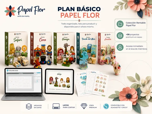 Plan Básico Papel Flor: los 5 temas con +30 proyectos en capas y acceso inmediato en el área de miembros