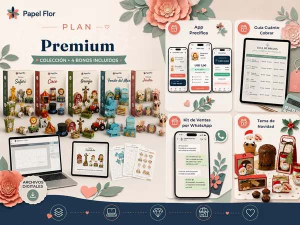 Plan Premium Papel Flor: los 5 temas más 4 bonos incluidos, entre ellos la App Precifica