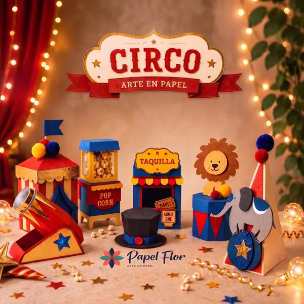Tema Circo: cajitas y toppers en capas con carpa, palomitas, taquilla y león