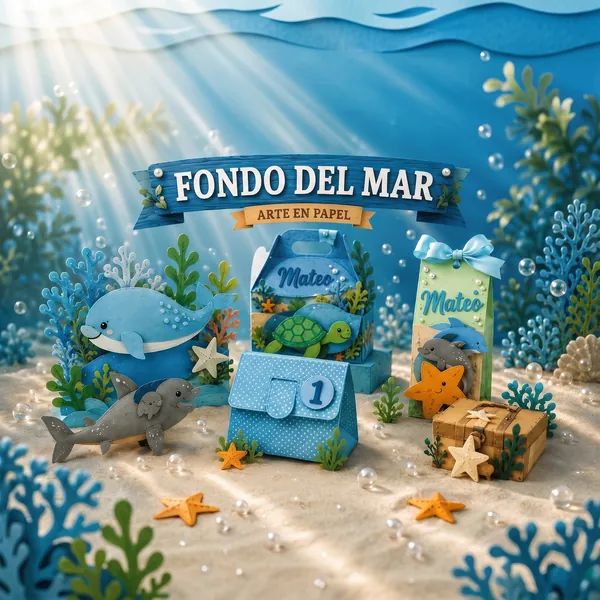 Tema Fondo del Mar: cajitas y toppers en capas con ballena, tortuga y delfín