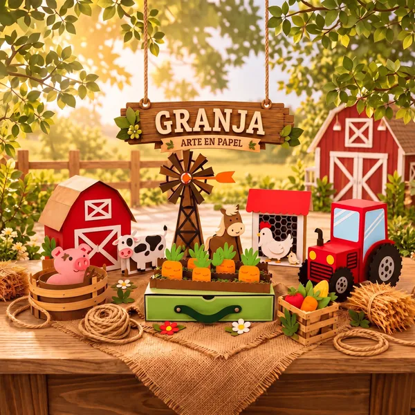 Tema Granja: cajitas y toppers en capas con granero, molino, tractor y animales de granja