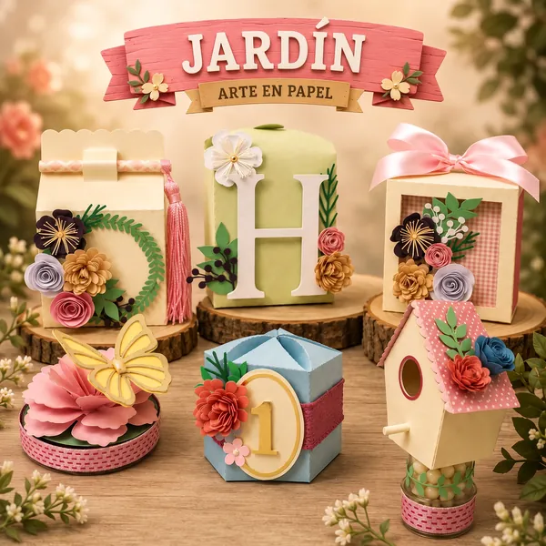 Tema Jardín: cajitas y toppers en capas con flores, mariposa, casita de pájaros e inicial