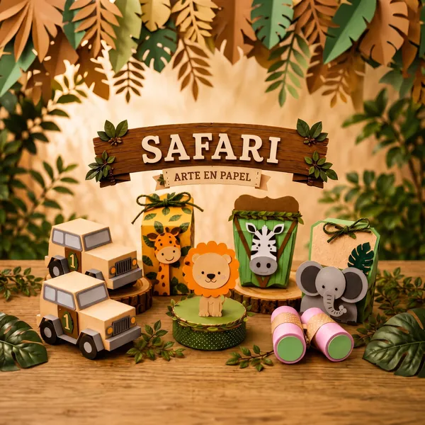 Tema Safari: cajitas y toppers en capas con jeep, león, jirafa, cebra y elefante